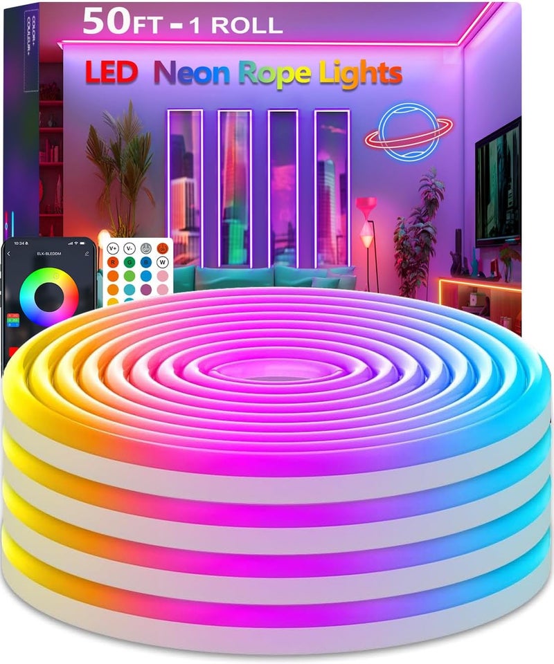 httpsmp 50Ft Neon Rope Lights,Flexible Led Rope Lights Control with App/Remote,Multiple Modes Rope Lights,IP67 Outdoor Waterproof,Music Sync Light Strip for Bedroom - Image 1